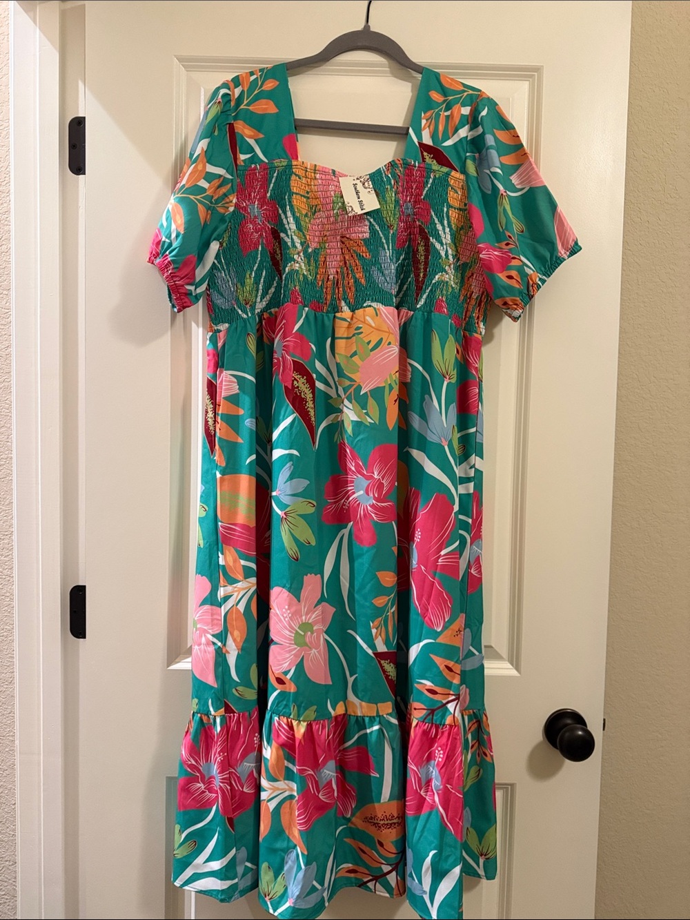 Kelly Green Floral Smocked Maxi Dress with Puff Sleeves